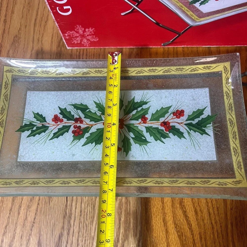 Gorham Festive Holly Glass Serving Tray with Metal Rack Christmas Holiday